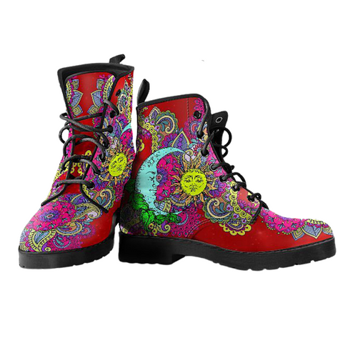 Image of Red Sun Moon Mandala Women's Vegan Leather Boots, Handmade Hippie Spiritual Rain Shoes, Classic Streetwear, Mandala Design, Crafted Footwear