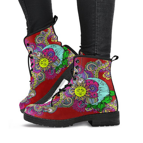Image of Red Sun Moon Mandala Women's Vegan Leather Boots, Handmade Hippie Spiritual Rain Shoes, Classic Streetwear, Mandala Design, Crafted Footwear