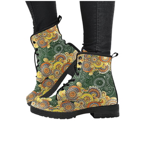 Henna Floral Women's Leather Boots , Vegan Leather, Ankle Lace,Up, Handcrafted