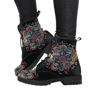 Women's Vegan Leather Boots, Colorful Funky Mandala Abstract Art,