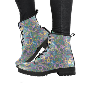 Henna Skull Design Women's Leather Boots - Vegan Leather, Ankle Lace-Up, Handcrafted, Women's Fashion Boots