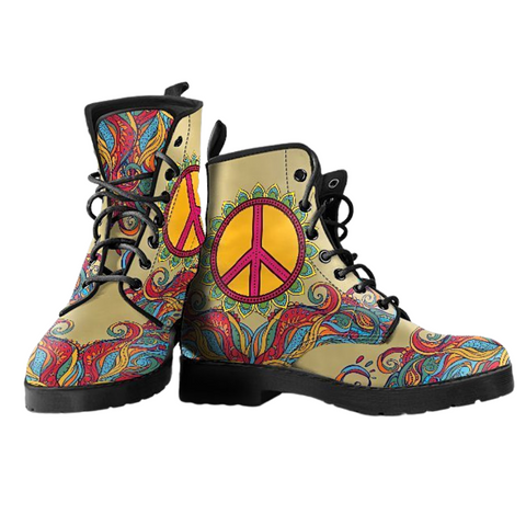 Image of Hippie Peace Women's Vegan Leather Boots, Waterproof Handcrafted, Boho Ankle