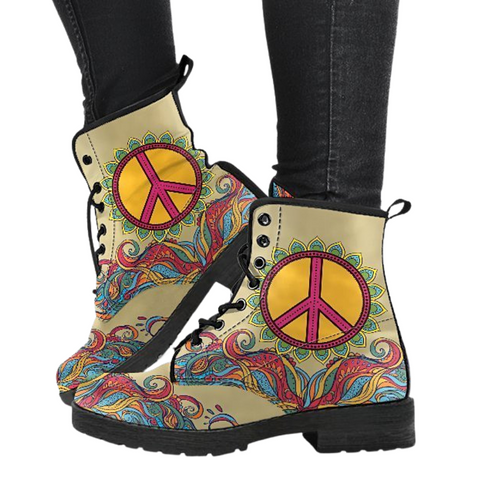 Image of Hippie Peace Women's Vegan Leather Boots, Waterproof Handcrafted, Boho Ankle