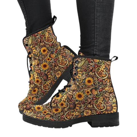 Image of Hippie Sunflower Boho Chic Boots , Women's Vegan Leather Ankle Boots,