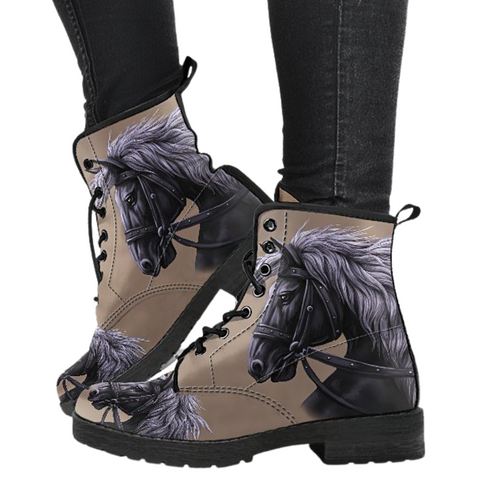 Image of Horse Head Design Women's Vegan Leather Boots, Multi,Colored, Combat Style,