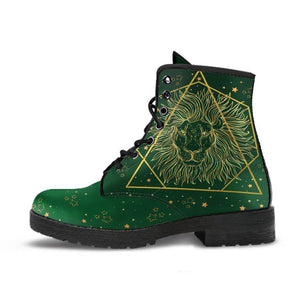 Women's Green Lion Animal Vegan Leather Boots - Handcrafted, Multicolored, Combat Style, Leather, Unique Design Footwear