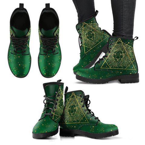 Image of Women's Green Lion Animal Vegan Leather Boots - Handcrafted, Multicolored, Combat Style, Leather, Unique Design Footwear