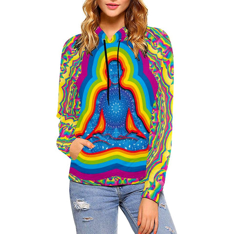 Image of Inner Galaxy Yogi Colorful Psychedelic Womens Hoodie, Colorful Feathers, Hippie,Hoodie,Custom Printed