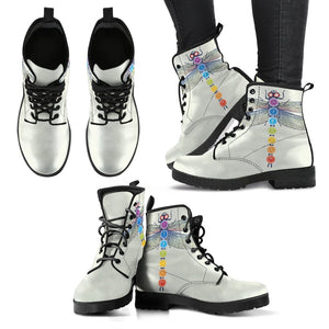 Ivory Chakra Dragonfly, Women's Vegan Leather Boots, Lace,Up Boho Hippie Style,