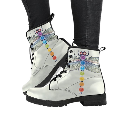Image of Ivory Chakra Dragonfly, Women's Vegan Leather Boots, Lace,Up Boho Hippie Style,