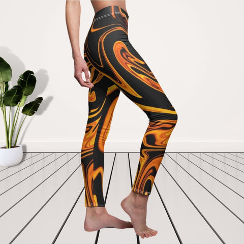 Image of Lava Marble Fire Orange Multicolored Women's Cut & Sew Casual Leggings, Yoga