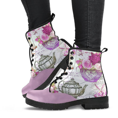 Image of Lavender Tea Party Women's Vegan Leather Boots, Handcrafted Hippie Streetwear, Classic Stylish Boot, Women's Gift, Unique Design