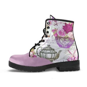 Lavender Tea Party Women's Vegan Leather Boots, Handcrafted Hippie Streetwear, Classic Stylish Boot, Women's Gift, Unique Design