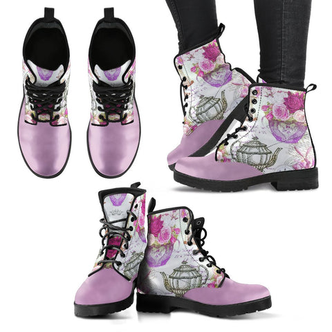 Image of Lavender Tea Party Women's Vegan Leather Boots, Handcrafted Hippie Streetwear, Classic Stylish Boot, Women's Gift, Unique Design