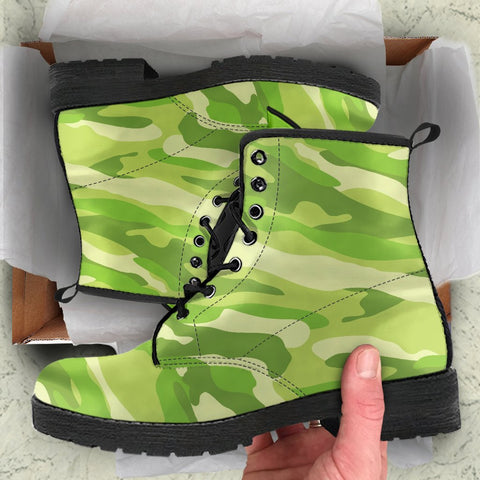 Image of Lime Green Camouflage: Women's Vegan Leather Boots, Handcrafted Lace,Up Boots,