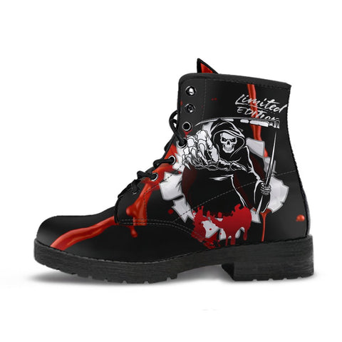 Image of Limited Edition Black Grim Vegan Leather Women's Boots, Handmade Hippie Classic Streetwear, Stylish Footwear, Unique Women's Gift