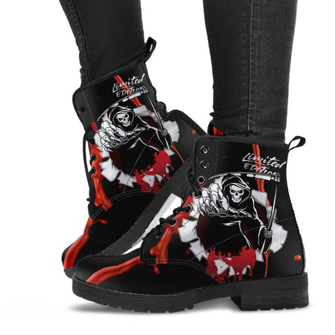 Image of Limited Edition Black Grim Vegan Leather Women's Boots, Handmade Hippie Classic Streetwear, Stylish Footwear, Unique Women's Gift