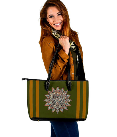 Image of Lion Mandala Olive Green And Mustard Tote Bag,Multi Colored,Bright,Psychedelic,Book Bag,Gift Bag,Leather Bag,Leather Tote Bag Women Bag