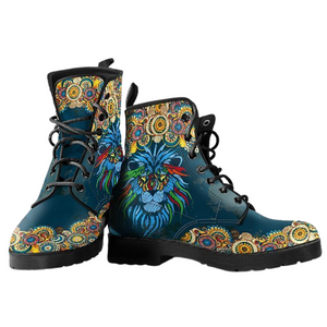 Lion Paisley Vegan Leather Boots for Women, Lace,Up Boho Hippie Boots,