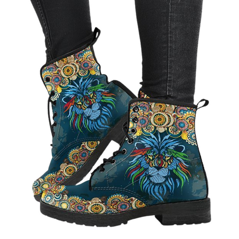 Image of Lion Paisley Vegan Leather Boots for Women, Lace,Up Boho Hippie Boots,
