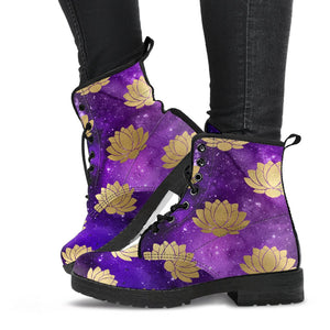 Lotus Flower Astronomy Cosmos Women's Vegan Leather Boots, Handcrafted Rainbow