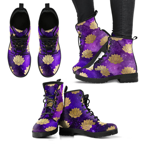 Image of Lotus Flower Astronomy Cosmos Women's Vegan Leather Boots, Handcrafted Rainbow