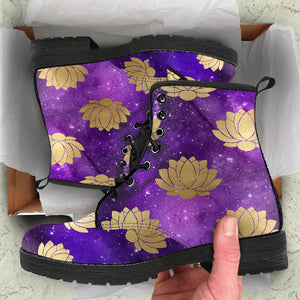 Lotus Flower Astronomy Cosmos Women's Vegan Leather Boots, Handcrafted Rainbow