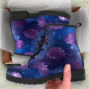 Lotus Flower Galaxy Stars Women's Vegan Leather Boots, Astronomy Cosmos