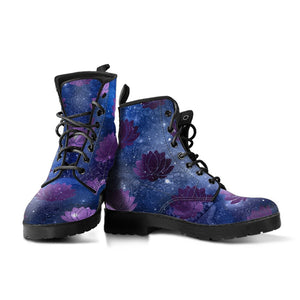 Lotus Flower Galaxy Stars Women's Vegan Leather Boots, Astronomy Cosmos
