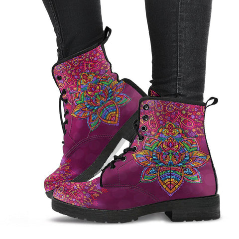 Image of Purple Lotus Floral Mandala Women's Vegan Leather Boots, Handcrafted, Retro