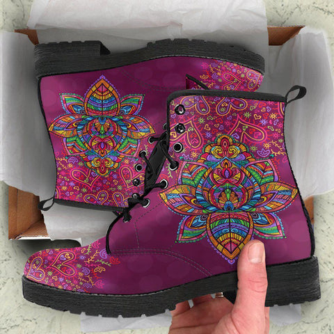 Image of Purple Lotus Floral Mandala Women's Vegan Leather Boots, Handcrafted, Retro