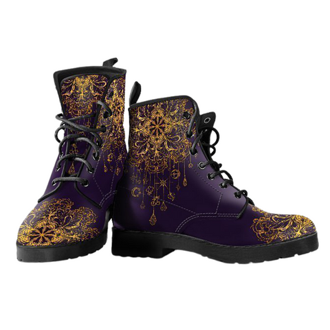 Image of Gold Lotus Mandala Vegan Leather Women's Boots , Handcrafted, Hippie Style,