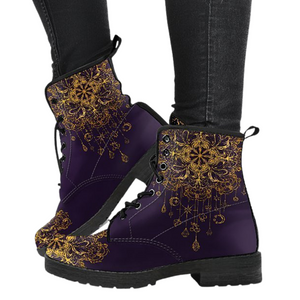 Gold Lotus Mandala Vegan Leather Women's Boots , Handcrafted, Hippie Style,