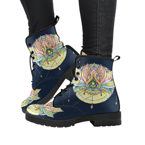Image of Lotus Mandala Women's Vegan Leather Boots - Ankle, Lace-Up, Handcrafted Fashion Boots, Unique Women's Shoes for Gift