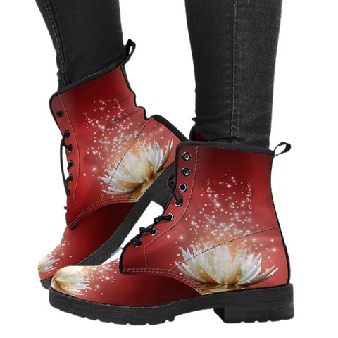 Image of Lotus Red Background Women's Boots - Bohemian Style Ankle Boots, Vegan Leather, Handcrafted, Boho Chic, Ladies Footwear