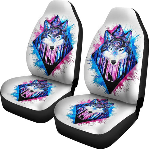 Image of Magical Colorful Wolf 2 Front Car Seat Covers Car Seat Covers,Car Seat Covers Pair,Car Seat Protector,Car Accessory,Front Seat Covers