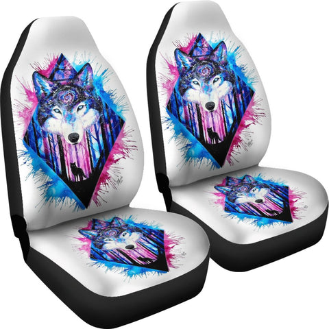 Image of Magical Colorful Wolf 2 Front Car Seat Covers Car Seat Covers,Car Seat Covers Pair,Car Seat Protector,Car Accessory,Front Seat Covers