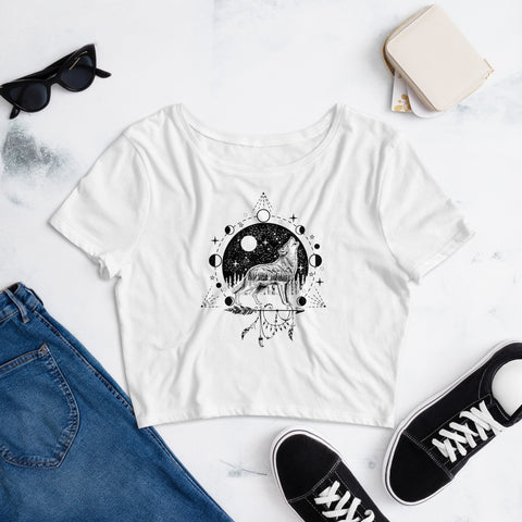 Image of Majestic Howling Wolf Women’S Crop Tee, Fashion Style Cute crop top, casual