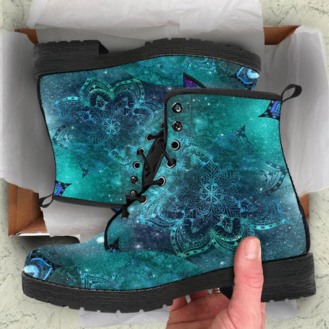 Image of Mandala Astronomy Cosmos Women's Vegan Leather Boots, Rainbow Winter