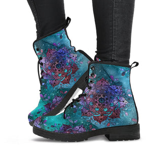 Mandala Universe Stars Space Women's Vegan Leather Boots, Handcrafted Astronomy