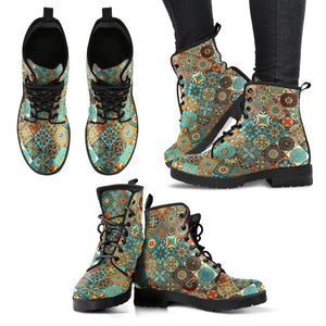 Mandala Bohemian Style Vegan Leather Boots for Women, Handcrafted Ankle Boots,