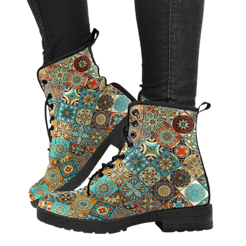Image of Mandala Bohemian Style Vegan Leather Boots for Women, Handcrafted Ankle Boots,