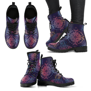 Women's Dark Purple Mandala Compass Vegan Leather Boots , Handcrafted Ankle