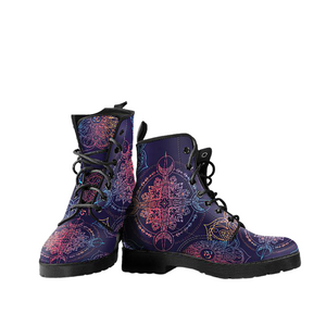 Women's Dark Purple Mandala Compass Vegan Leather Boots , Handcrafted Ankle