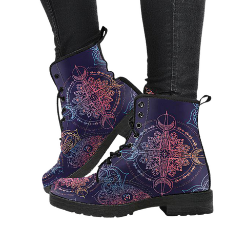 Image of Women's Dark Purple Mandala Compass Vegan Leather Boots , Handcrafted Ankle