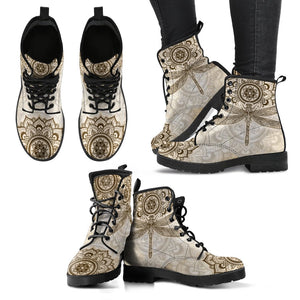 Mandala Dragonfly Beige Women's Vegan Leather Boots, Premium Handcrafted