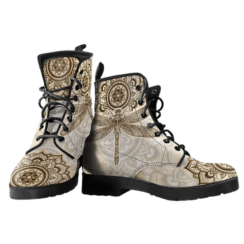 Image of Mandala Dragonfly Beige Women's Vegan Leather Boots, Premium Handcrafted