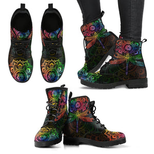 Mandala Dragonfly Chakra Inspired Women's Vegan Leather Boots, Lace,Up Hippie
