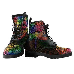 Mandala Dragonfly Chakra Inspired Women's Vegan Leather Boots, Lace,Up Hippie