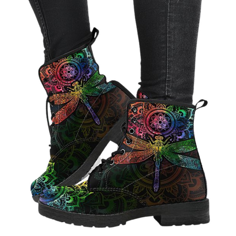 Image of Mandala Dragonfly Chakra Inspired Women's Vegan Leather Boots, Lace,Up Hippie
